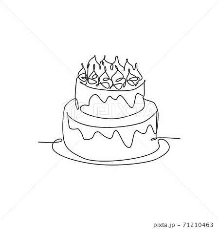 One single line drawing of fresh delicious home made birthday cake with candles above vector graphic illustration. Pastry confectionery badge concept. Modern continuous line draw design art 71210463