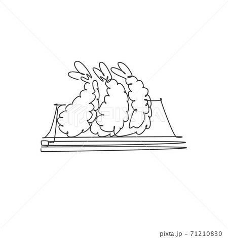 One continuous line drawing of fresh delicious Japanese fried tempura restaurant logo emblem. Seafood cafe shop logotype template concept. Modern single line draw design vector illustration graphic 71210830