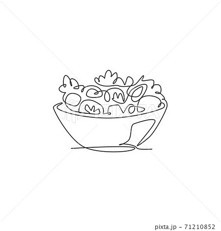 Single continuous line drawing of stylized vegetables salad on bowl logo label. Healthy food restaurant concept. Modern one line draw design vector illustration for cafe, shop or food delivery service 71210852