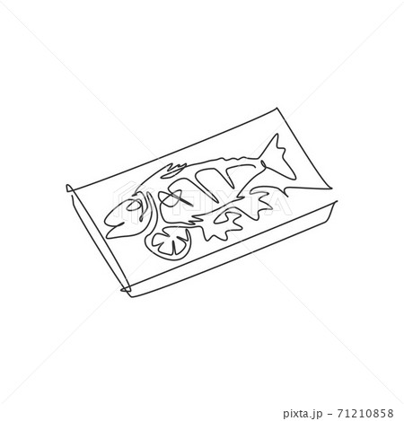 One single line drawing of fresh tasty delicious baked salmon fish on hot plate logo vector illustration. Seafood cafe menu and restaurant badge concept. Modern continuous line draw street food design 71210858
