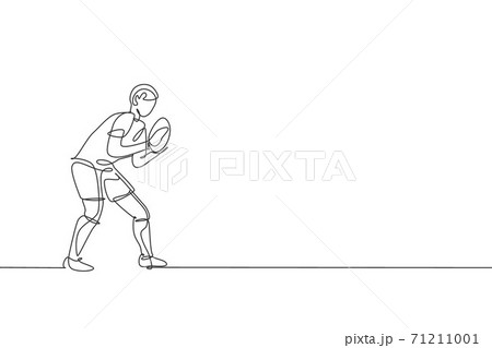 One continuous line drawing of young man rugby player catch the ball at match. Competitive aggressive sport concept. Dynamic single line draw design vector illustration for tournament promotion media 71211001