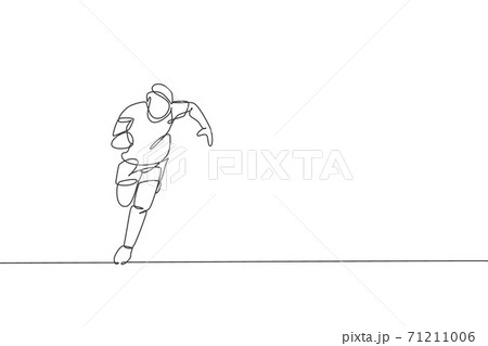 One continuous line drawing of young man rugby player run and hold the ball. Competitive aggressive sport concept. Dynamic single line draw design vector illustration for tournament promotion media 71211006