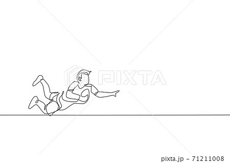 Single continuous line drawing of young agile rugby player jumping to catch the ball. Competitive sport concept. Trendy one line draw design vector illustration for rugby tournament promotion media 71211008