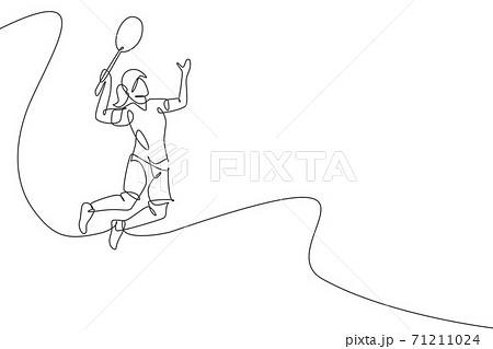 Single continuous line drawing of young agile badminton player jump hit shuttlecock. Sport training concept. Trendy one line draw design vector illustration for badminton tournament publication media Single continuous line drawing of young agile badminton player jump hit shuttlecock. Sport training concept. Trendy one line draw design vector illustration for badminton tournament publication media 71211024
