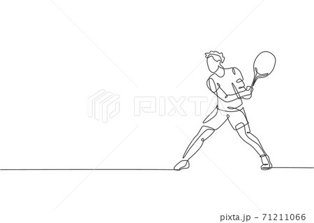 One single line drawing of young energetic tennis player prepare to hit the ball vector illustration. Sport training concept. Modern continuous line draw design for tennis tournament banner and poster One single line drawing of young energetic tennis player prepare to hit the ball vector illustration. Sport training concept. Modern continuous line draw design for tennis tournament banner and poster 71211066