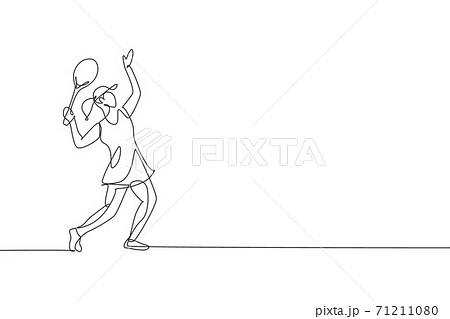 One single line drawing of young energetic woman tennis player ready to hit service ball vector illustration. Sport training concept. Modern continuous line draw design for tennis tournament banner 71211080