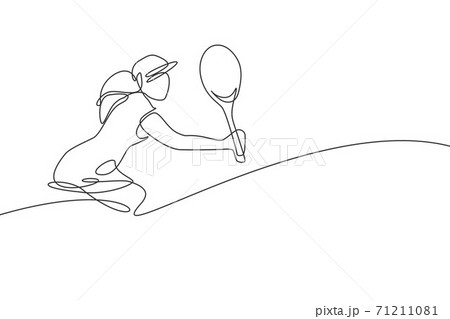 One single line drawing of young energetic female tennis player hold the ball vector illustration. Sport training concept. Modern continuous line draw design for tennis tournament banner and poster 71211081