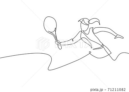One continuous line drawing of young happy female tennis player run and hit the ball. Competitive sport concept. Dynamic single line draw design vector illustration for tournament promotion poster 71211082