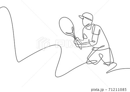 One continuous line drawing of young male tennis player concentrating to wait ball from opponent. Competitive sport concept. Dynamic single line draw design vector illustration for tournament poster 71211085
