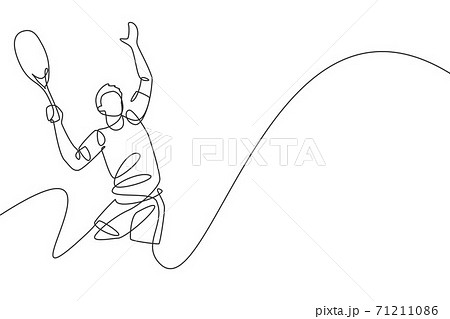 One continuous line drawing of young happy male tennis player serving the ball. Competitive sport concept. Dynamic single line draw design vector graphic illustration for tournament promotion poster 71211086