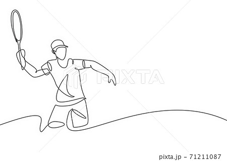 One single line drawing of young energetic male tennis player hit the ball from opponent vector illustration. Sport training concept. Modern continuous line draw design for tennis tournament banner One single line drawing of young energetic male tennis player hit the ball from opponent vector illustration. Sport training concept. Modern continuous line draw design for tennis tournament banner 71211087