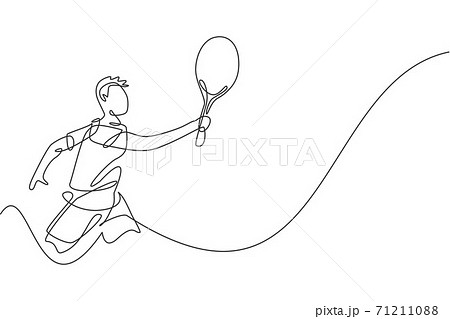 Single continuous line drawing young agile tennis player hold opponent's ball hit. Sport exercise concept. Trendy one line draw graphic design vector illustration for tennis tournament promotion media Single continuous line drawing young agile tennis player hold opponent's ball hit. Sport exercise concept. Trendy one line draw graphic design vector illustration for tennis tournament promotion media 71211088