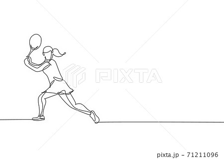 Single continuous line drawing of young agile woman tennis player try holding the ball. Sport exercise concept. Trendy one line draw design vector illustration for tennis tournament promotion media Single continuous line drawing of young agile woman tennis player try holding the ball. Sport exercise concept. Trendy one line draw design vector illustration for tennis tournament promotion media 71211096