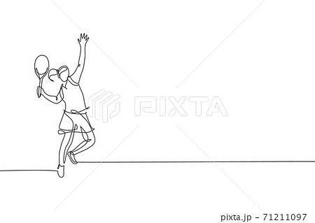 One continuous line drawing of young happy woman tennis player prepare to hit the ball. Competitive sport concept. Dynamic single line draw design vector illustration for tournament promotion poster One continuous line drawing of young happy woman tennis player prepare to hit the ball. Competitive sport concept. Dynamic single line draw design vector illustration for tournament promotion poster 71211097