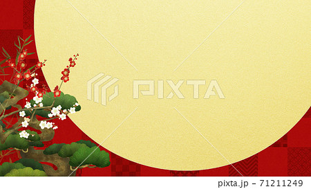 赤い市松模様と松竹梅のおめでたい背景 71211249