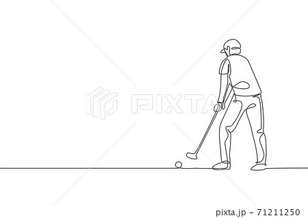 One continuous line drawing of young golf player swing golf club and hit the ball. Leisure sport concept. Dynamic single line draw design vector graphic illustration for tournament promotion media One continuous line drawing of young golf player swing golf club and hit the ball. Leisure sport concept. Dynamic single line draw design vector graphic illustration for tournament promotion media 71211250