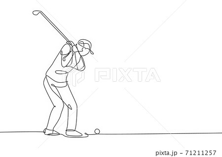 One continuous line drawing of young golf player swing golf club and hit the ball. Leisure sport concept. Dynamic single line draw design vector illustration graphic for tournament promotion media One continuous line drawing of young golf player swing golf club and hit the ball. Leisure sport concept. Dynamic single line draw design vector illustration graphic for tournament promotion media 71211257