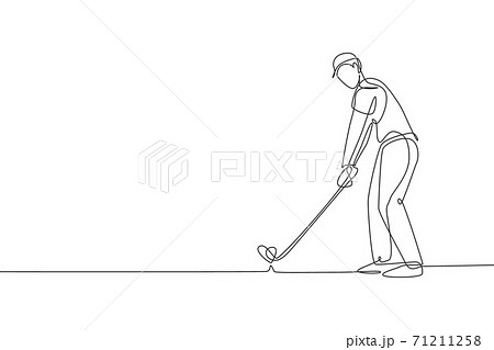 Single continuous line drawing of young happy golf player swing the golf club to hit the ball. Hobby sport concept. Trendy one line draw design vector illustration for golf tournament promotion media Single continuous line drawing of young happy golf player swing the golf club to hit the ball. Hobby sport concept. Trendy one line draw design vector illustration for golf tournament promotion media 71211258