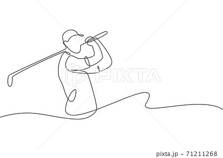 One continuous line drawing of young golf player swing golf club and hit the ball. Leisure sport concept. Dynamic single line draw design graphic vector illustration for tournament promotion media One continuous line drawing of young golf player swing golf club and hit the ball. Leisure sport concept. Dynamic single line draw design graphic vector illustration for tournament promotion media 71211268