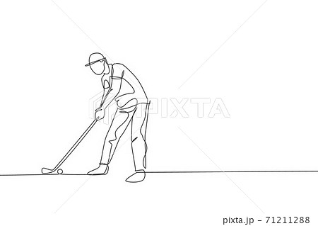 One single line drawing of young sporty golf player hit the ball using golf club vector illustration graphic. Healthy sport concept. Modern continuous line draw design for golf tournament poster 71211288