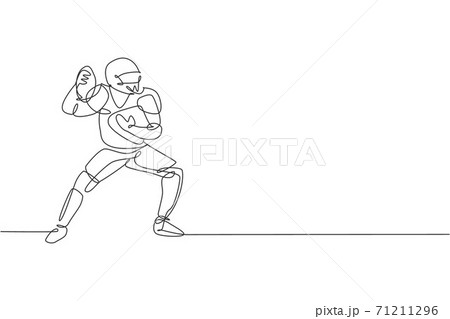 One continuous line drawing of young sporty american football player pass the ball to his teammates for competition poster. Sport teamwork concept. Dynamic single line draw design vector illustration 71211296
