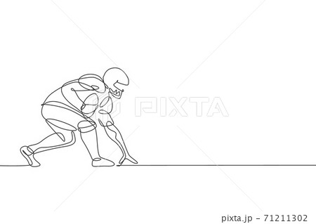 One continuous line drawing of young american football player stance to run fast to reach goal line for competition poster. Sport teamwork concept. Dynamic single line draw design vector illustration One continuous line drawing of young american football player stance to run fast to reach goal line for competition poster. Sport teamwork concept. Dynamic single line draw design vector illustration 71211302