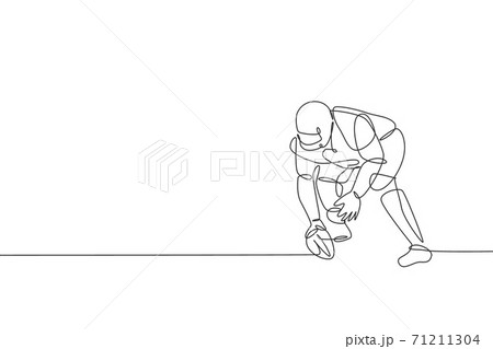 One continuous line drawing of sporty american football player stance to pass the ball to his team for competition poster. Sport teamwork concept. Dynamic single line draw design vector illustration One continuous line drawing of sporty american football player stance to pass the ball to his team for competition poster. Sport teamwork concept. Dynamic single line draw design vector illustration 71211304