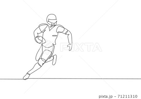 One continuous line drawing of young happy american football player running fast to avoid opponents for competition poster. Sport teamwork concept. Dynamic single line draw design vector illustration 71211310