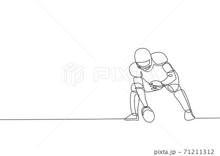 One single line drawing of energetic american football player stance to pass the ball for national league promotion. Sport competition concept. Modern continuous line draw design vector illustration One single line drawing of energetic american football player stance to pass the ball for national league promotion. Sport competition concept. Modern continuous line draw design vector illustration 71211312