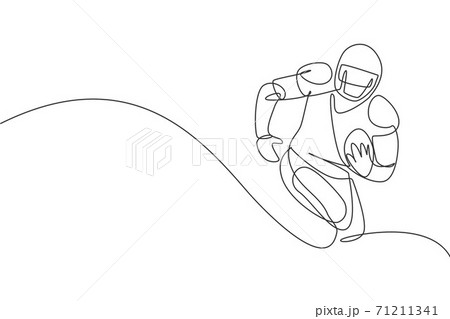 One continuous line drawing of young happy man american football player running and holding the ball for competition poster. Sport teamwork concept. Dynamic single line draw design vector illustration 71211341