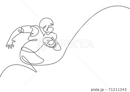 One continuous line drawing of young happy man american football player run speed and hold the ball for competition poster. Sport teamwork concept. Dynamic single line draw design vector illustration 71211343
