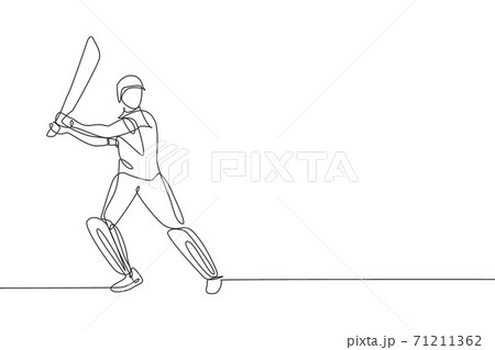 One continuous line drawing of young happy woman cricket player stance standing to hit the ball vector illustration. Competitive sport concept. Dynamic single line draw design for advertisement poster One continuous line drawing of young happy woman cricket player stance standing to hit the ball vector illustration. Competitive sport concept. Dynamic single line draw design for advertisement poster 71211362