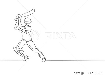 Single continuous line drawing of young agile man cricket player standing and practice to swing bat vector illustration. Sport exercise concept. Trendy one line draw design for cricket promotion media 71211363
