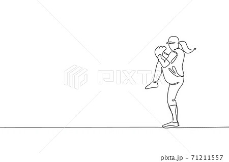 Single continuous line drawing of young agile woman baseball player practice to throw the ball. Sport exercise concept. Trendy one line draw design vector illustration for baseball promotion media 71211557