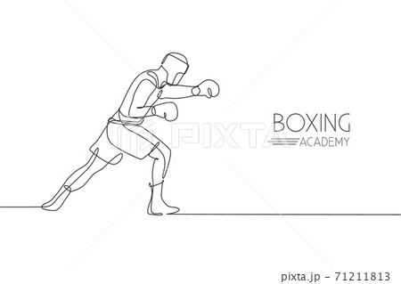 Single continuous line drawing of young agile man boxer upgrade his fight attack skill. Fair combative sport concept. Trendy one line draw design vector illustration for boxing game promotion media Single continuous line drawing of young agile man boxer upgrade his fight attack skill. Fair combative sport concept. Trendy one line draw design vector illustration for boxing game promotion media 71211813