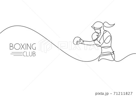Single continuous line drawing of young agile woman boxer pose punch attack confidently. Fair combative sport concept. Trendy one line draw design vector illustration for boxing game promotion media Single continuous line drawing of young agile woman boxer pose punch attack confidently. Fair combative sport concept. Trendy one line draw design vector illustration for boxing game promotion media 71211827