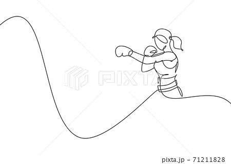 One continuous line drawing of young sporty woman boxer pose punch elegantly. Competitive combat sport concept. Dynamic single line draw design vector illustration for boxing match promotion poster One continuous line drawing of young sporty woman boxer pose punch elegantly. Competitive combat sport concept. Dynamic single line draw design vector illustration for boxing match promotion poster 71211828