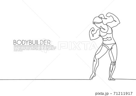 Single continuous line drawing of young muscular model woman bodybuilder posing elegantly. Fitness gym logo. Trendy one line draw design vector illustration for budybuilding icon and symbol template Single continuous line drawing of young muscular model woman bodybuilder posing elegantly. Fitness gym logo. Trendy one line draw design vector illustration for budybuilding icon and symbol template 71211917