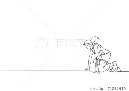 Single continuous line drawing of young agile woman runner ready to sprint fast at start line. Healthy lifestyle concept. Trendy one line draw design vector illustration for running race promotion 71211950