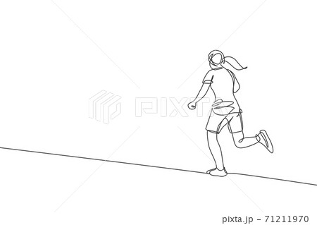 Single continuous line drawing of young agile woman runner run relax to fulfill leisure time. Healthy sport action concept. Trendy one line draw design vector illustration for running race promotion 71211970