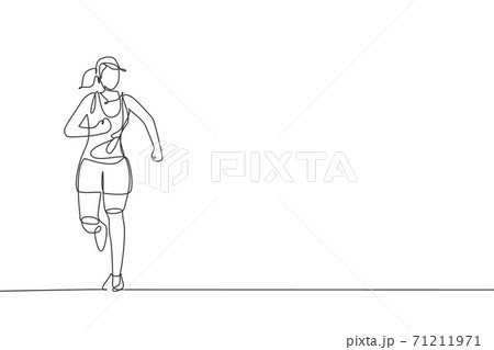 Single continuous line drawing of young happy health runner woman running at run track. Fun sport jogging and healthy lifestyle concept. Trendy one line draw design vector graphic illustration 71211971