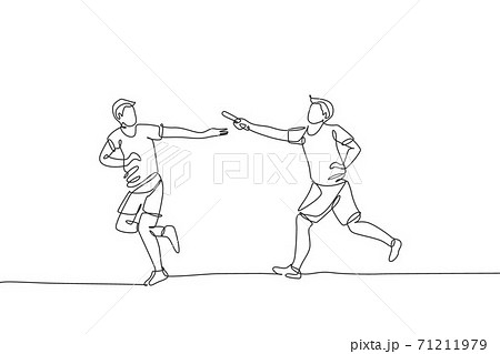 One single line drawing young happy runner man pass baton stick to his teammate at race vector graphic illustration. Healthy lifestyle and competitive sport concept. Modern continuous line draw design One single line drawing young happy runner man pass baton stick to his teammate at race vector graphic illustration. Healthy lifestyle and competitive sport concept. Modern continuous line draw design 71211979