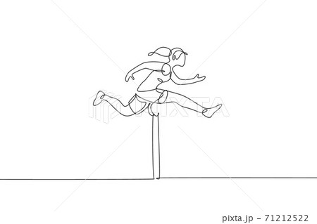 Single continuous line drawing of young happy health runner woman jump running through hurdle barrier at run track. Sport and healthy lifestyle concept. Trendy one line draw design vector illustration 71212522