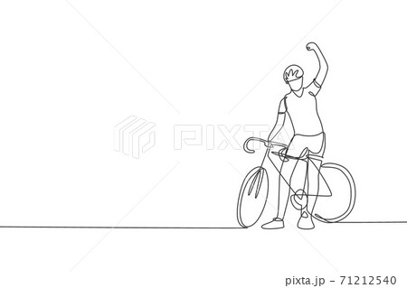 One single line drawing of young energetic man bicycle racer raise hand after finish race. Racing cyclist concept vector illustration. Modern continuous line draw design for cycling tournament banner One single line drawing of young energetic man bicycle racer raise hand after finish race. Racing cyclist concept vector illustration. Modern continuous line draw design for cycling tournament banner 71212540