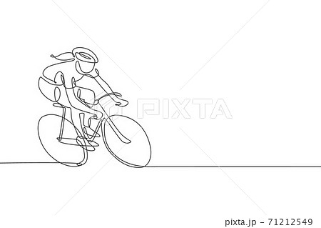 One continuous line drawing young sporty woman bicycle racer pedaling her bike so fast. Road cyclist concept. Dynamic single line draw design vector illustration graphic for cycling competition poster One continuous line drawing young sporty woman bicycle racer pedaling her bike so fast. Road cyclist concept. Dynamic single line draw design vector illustration graphic for cycling competition poster 71212549