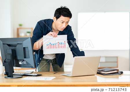 テレワーク　男性　リビング　ライフスタイル　リモートワーク　ニューノーマル　ビジネス 71213743
