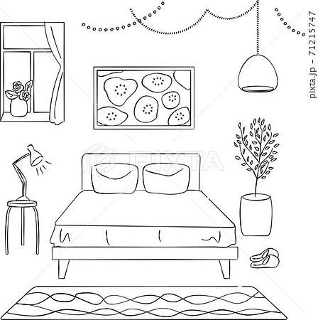 寝室 インテリア あしらい ペン画 手書きのイラスト素材