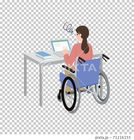 車いすの女性 パソコン作業 イラスト 困っている表情 車いすの女性 パソコン作業 イラスト 困っている表情 71216155