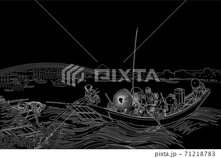 葛飾北斎イメージ御厩川岸より両国橋夕陽見線反転のイラスト素材