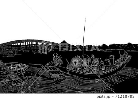 葛飾北斎イメージ御厩川岸より両国橋夕陽見線反転白バックのイラスト素材